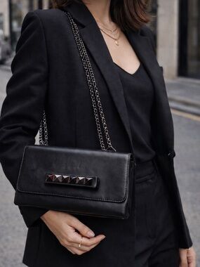 Valentino Garavani Black Leather Rockstud Shoulder Bag w/ Chain Strap
